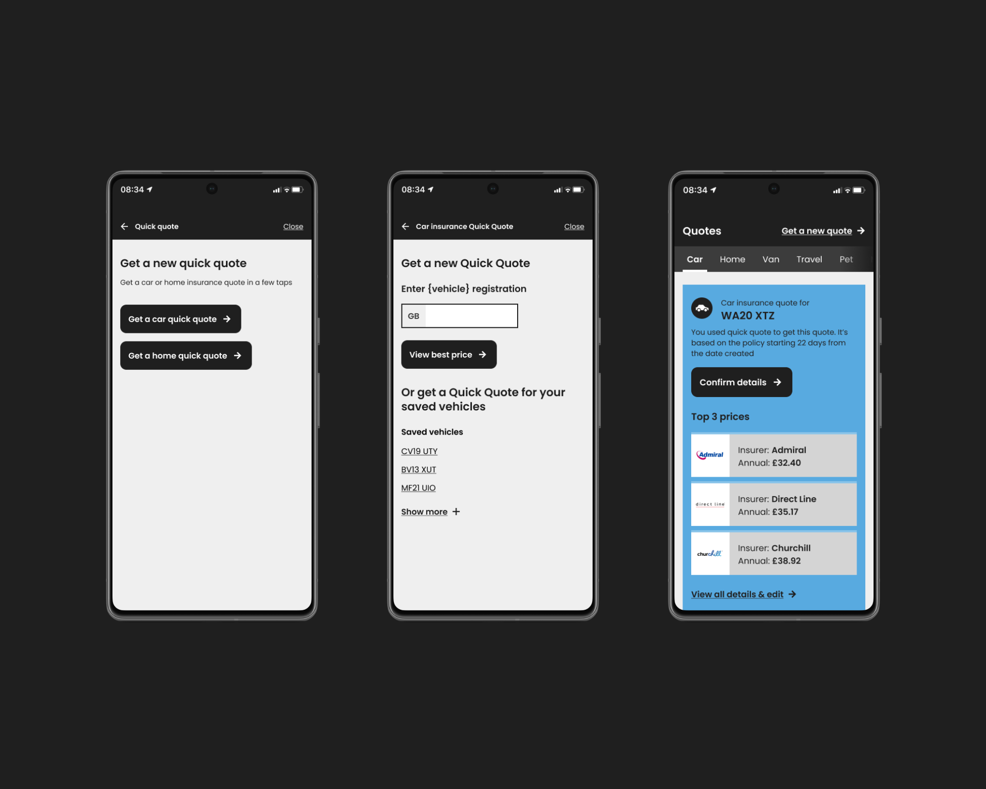 Three phone screens showing the quick quote journey: entry choice, registration input, and results