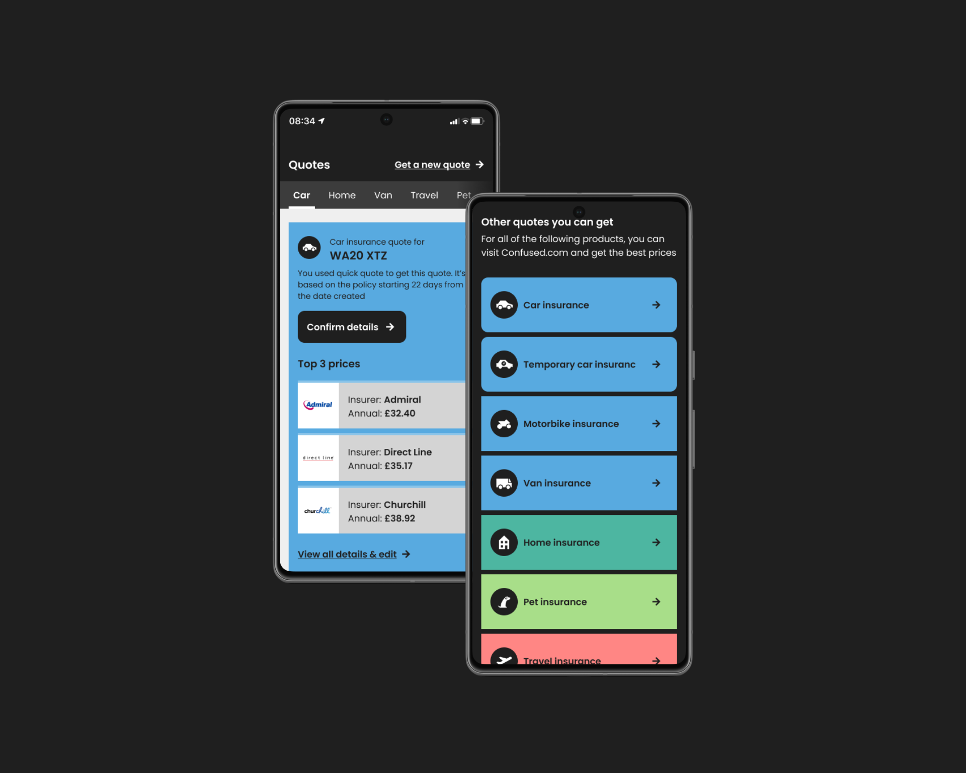 Phone screens showing the results page with top 3 prices and cross-sell insurance options