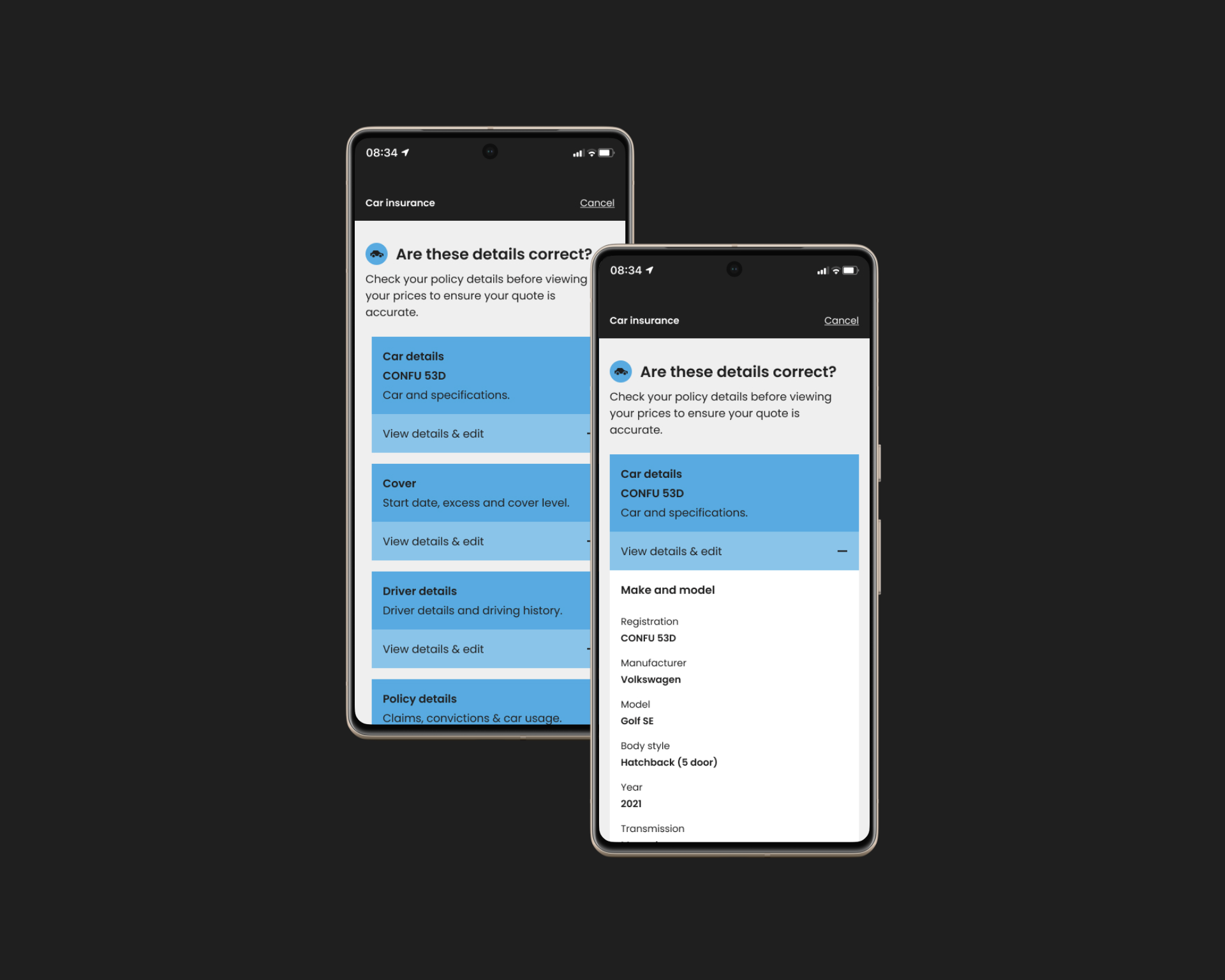 Two phone screens showing the policy detail confirmation step — grouped expandable sections with an inline expanded car details view