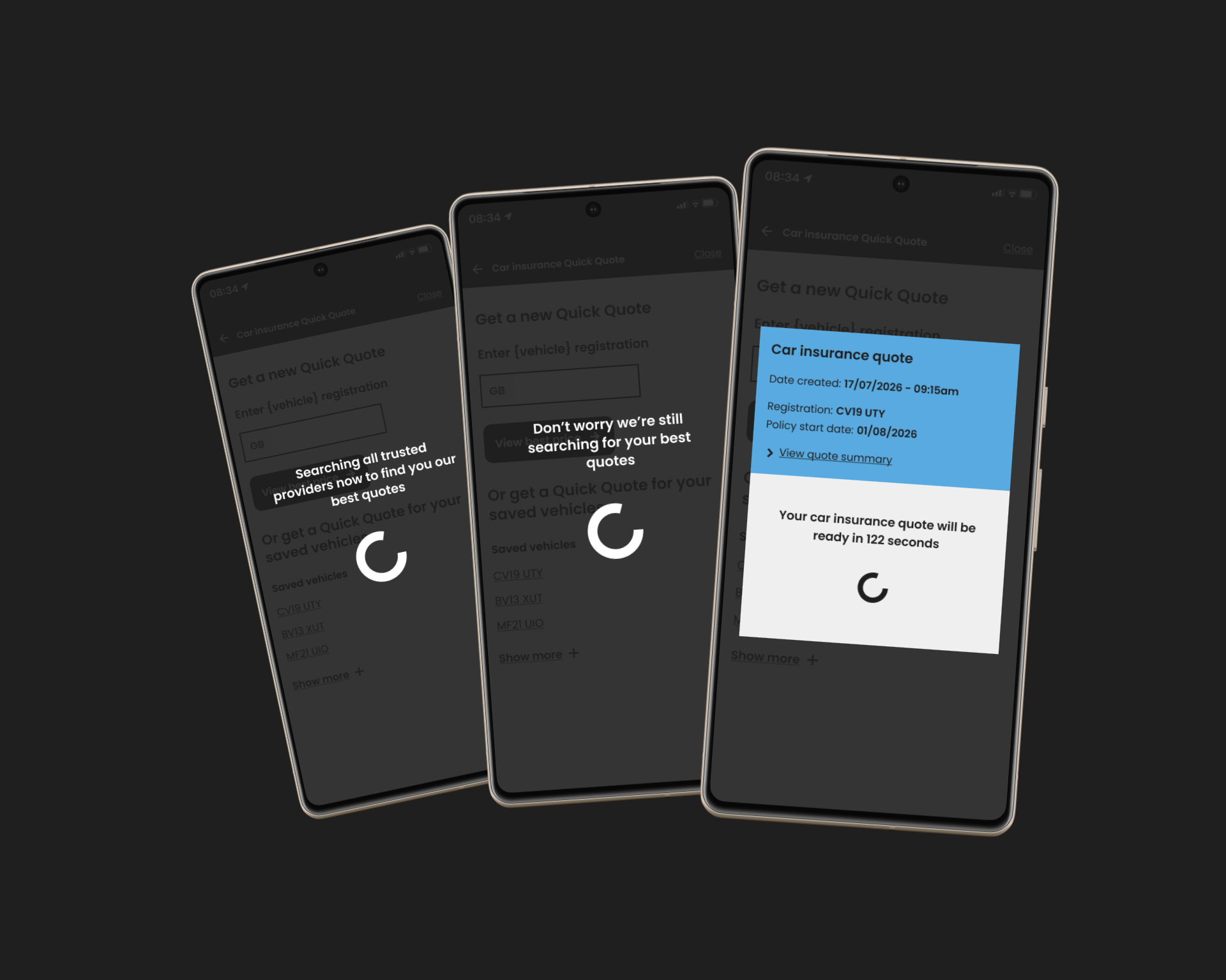 Three phones showing the loading reassurance states: searching all providers, still searching with a progress bar and time estimate, and a quote ready modal
